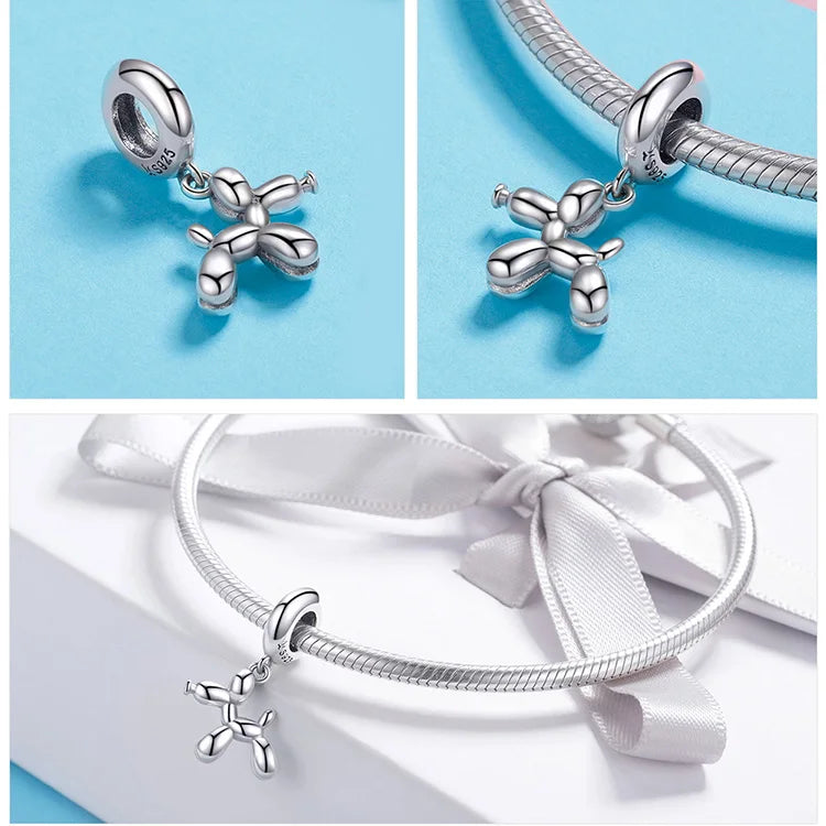 BAMOER Genuine 925 Sterling Silver Balloon Dog Pendant Animal Charms Fit for Charm Bracelets &amp; Necklace Silver Jewelry SCC981