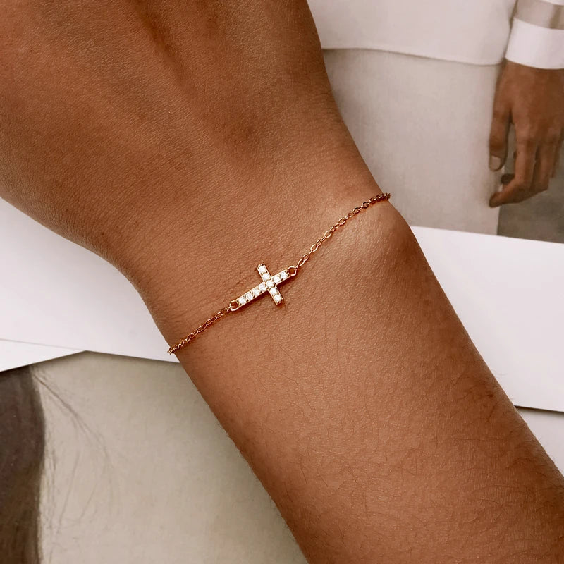 Bracelet Croix Ajustable Argent Sterling 925 Plaqué Or 14K