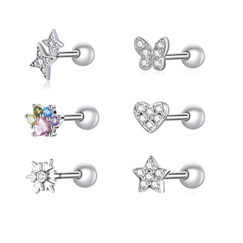 bamoer 925 Sterling Silver Brilliant Star Earrings for Women Tiny Butterfly Stud Earrings Snowflake Girl Ear Studs Fine Jewelry