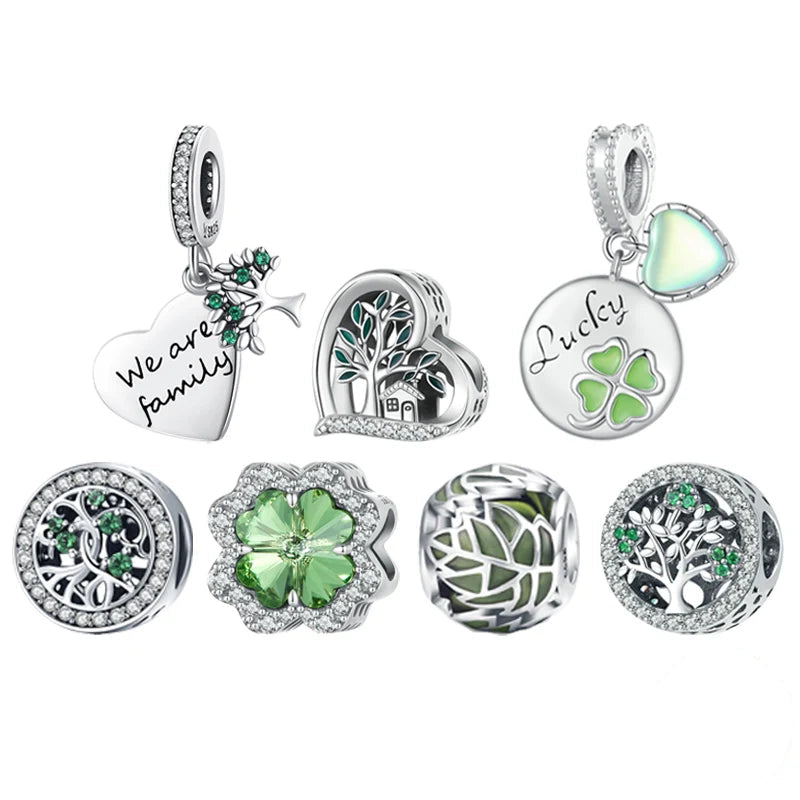 bamoer 925 Sterling Silver Four-leaf Clover Beads Family The Tree of Life Pendant Charms for Women Bracelet and Necklace DIY